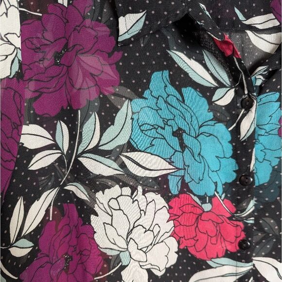 Attention Sheer Black Floral Polka Dot Pink Teal Blue Blouse Top 2X - Picture 4 of 5